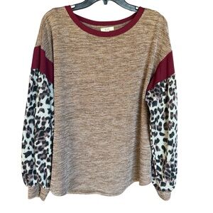 Kori Mocha Leopard Color-blocked Top Size Medium